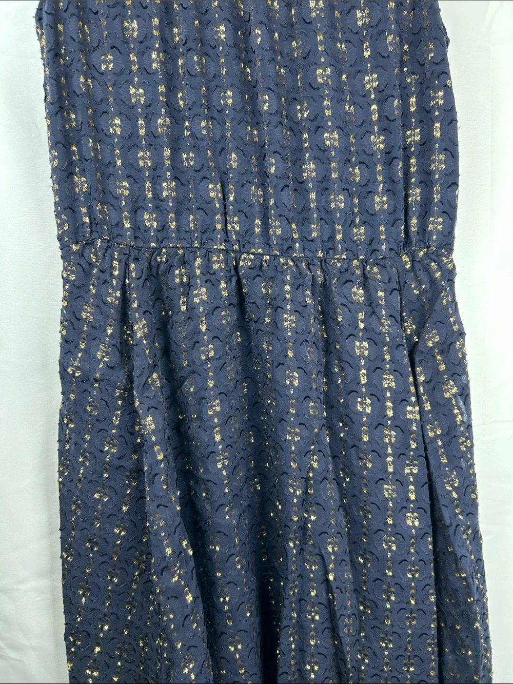 J Crew Silk Blend Textured Dress Size 2 Navy Blue Gold Chiffon Tiered Sleeveless